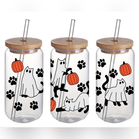 Halloween Ghost costume Cat with pumpkin Funny Handmade Iced Coffee Glass Cup | - Picture 1 of 4